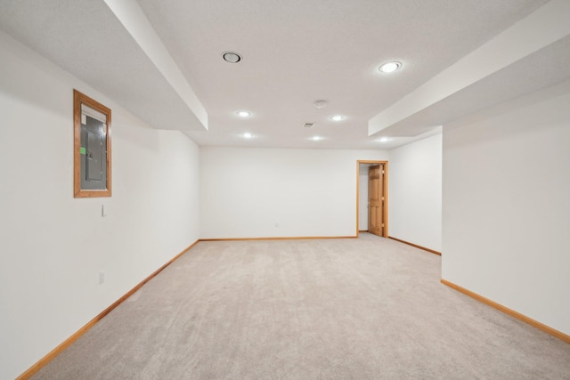 4311 Pond View Dr, White Bear Twp, MN 55110 - finished basement with recessed lighting, light carpet, electric panel, and baseboards