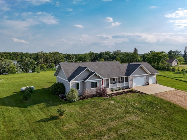 29506 435th Ave, Ottertail, MN 56571 - ranch-style home featuring covered porch, driveway, a garage, and a front lawn