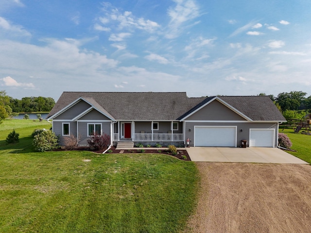 29506 435th Ave, Ottertail, MN 56571 - view of front facade featuring driveway, a porch, a garage, a front yard, and a shingled roof