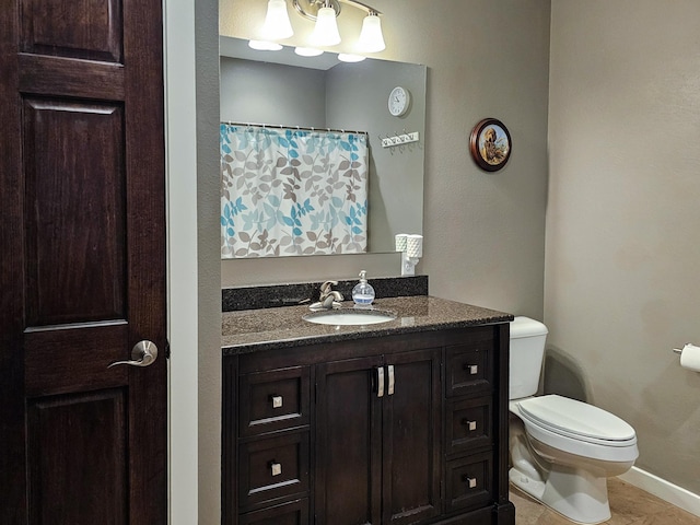 29506 435th Ave, Ottertail, MN 56571 - full bath featuring vanity, toilet, baseboards, tile patterned floors, and a shower with curtain