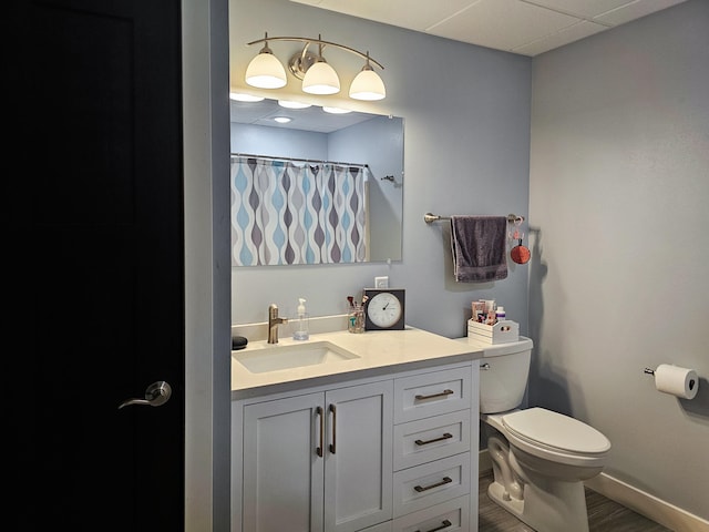 29506 435th Ave, Ottertail, MN 56571 - bathroom featuring toilet, vanity, wood finished floors, baseboards, and a shower with shower curtain