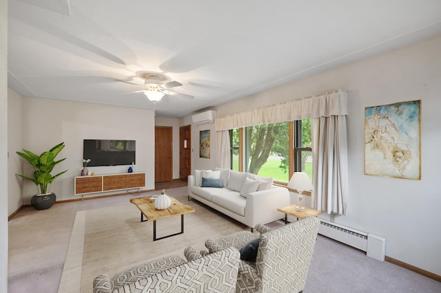 28748 Palm St NW, Isanti, MN 55040 - carpeted living room featuring a wall unit AC, ceiling fan, baseboards, and a baseboard radiator