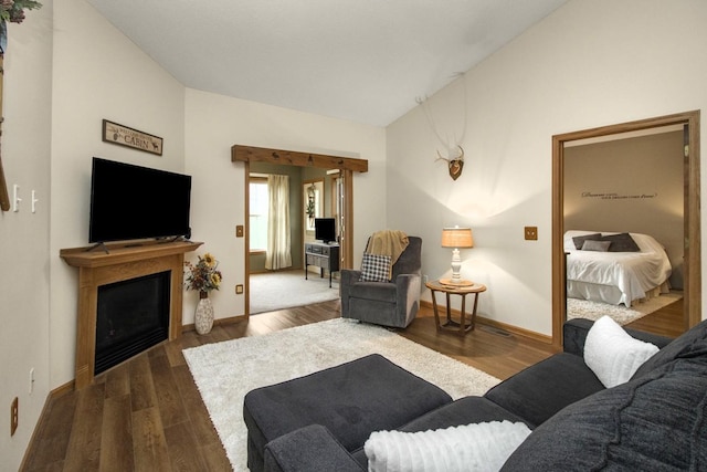 15229 Cobalt St NW, Ramsey, MN 55303 - living area with vaulted ceiling, a fireplace, dark wood finished floors, and baseboards