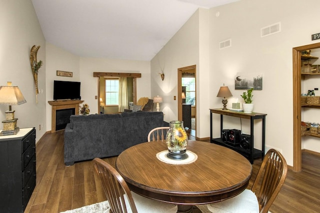 15229 Cobalt St NW, Ramsey, MN 55303 - dining area with lofted ceiling, wood finished floors, baseboards, and a fireplace
