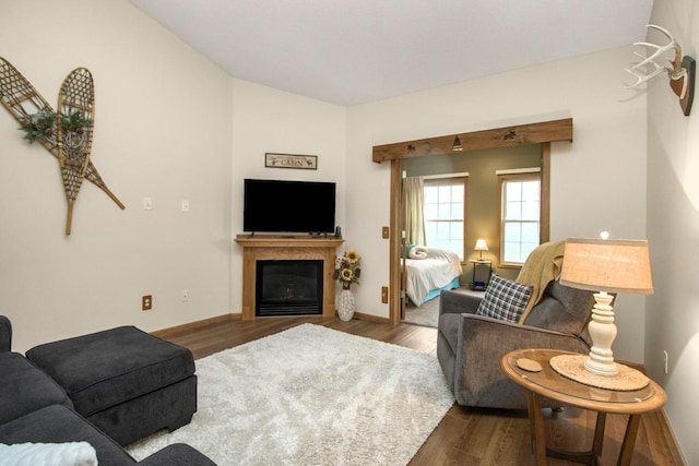 15229 Cobalt St NW, Ramsey, MN 55303 - living area featuring wood finished floors, a glass covered fireplace, lofted ceiling, and baseboards