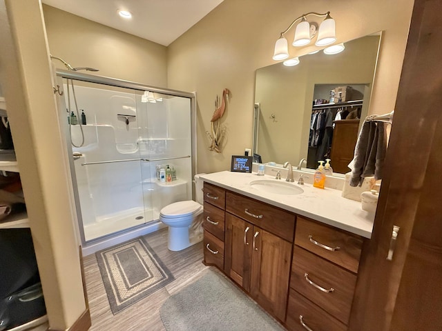 910 Lake Forest Cir, Detroit Lakes, MN 56501 - full bathroom featuring a stall shower, vanity, a spacious closet, toilet, and wood finished floors