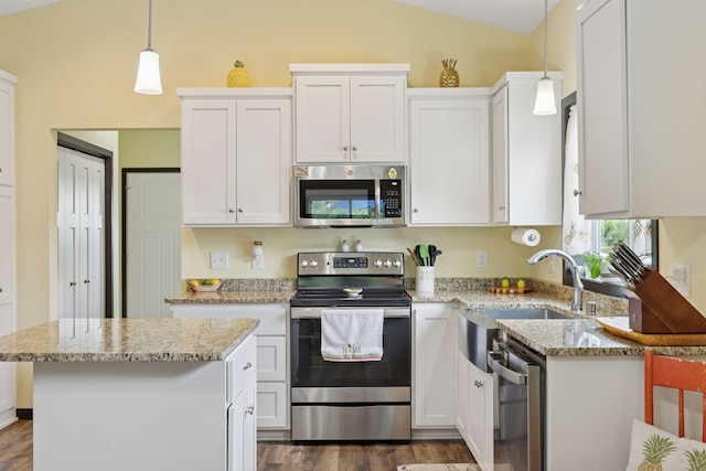 134 9th Ave NE, Isanti, MN 55040 - kitchen with stainless steel appliances, dark wood-style flooring, light stone counters, white cabinetry, and lofted ceiling