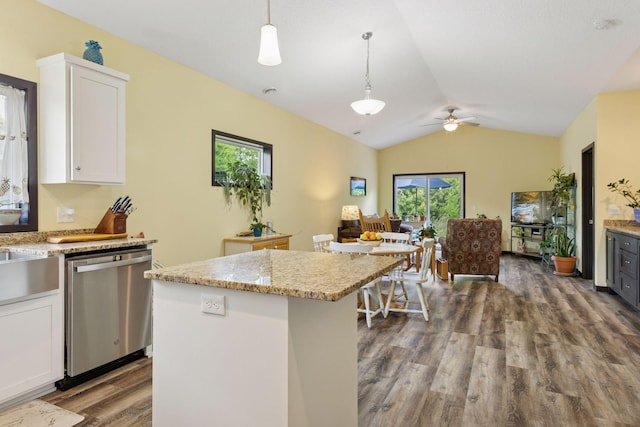 134 9th Ave NE, Isanti, MN 55040 - kitchen featuring dishwasher, dark wood-style floors, vaulted ceiling, healthy amount of natural light, and white cabinetry
