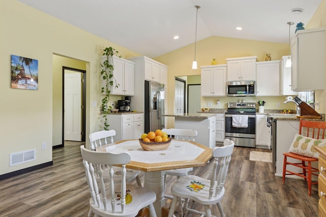 134 9th Ave NE, Isanti, MN 55040 - kitchen with stainless steel appliances, white cabinets, lofted ceiling, dark wood-style floors, and pendant lighting