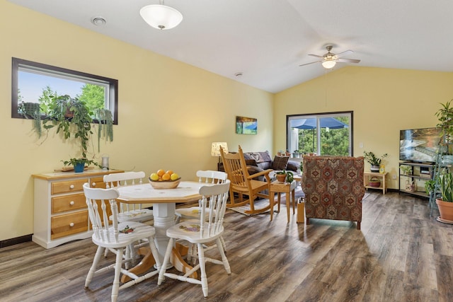 134 9th Ave NE, Isanti, MN 55040 - dining space featuring ceiling fan, lofted ceiling, and wood finished floors