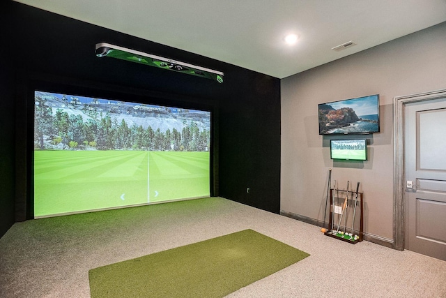 677 Shawnee Woods Rd, Medina, MN 55340 - game room featuring golf simulator, carpet floors, and baseboards