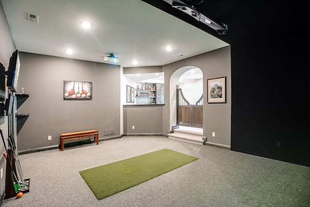 677 Shawnee Woods Rd, Medina, MN 55340 - game room featuring carpet, arched walkways, recessed lighting, and baseboards