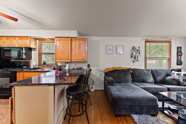 239 Buron Ln S, Saint Paul, MN 55075 - kitchen with black appliances, open floor plan, a kitchen bar, healthy amount of natural light, and a textured ceiling