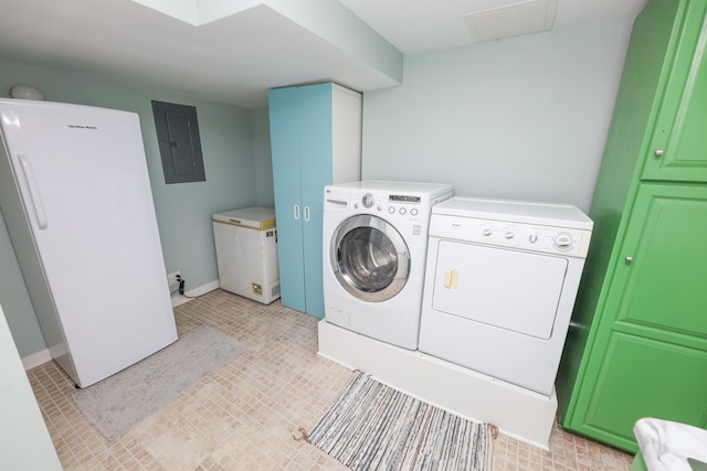 1423 Cedar St, Alexandria, MN 56308 - laundry area featuring electric panel, washer and clothes dryer, and baseboards