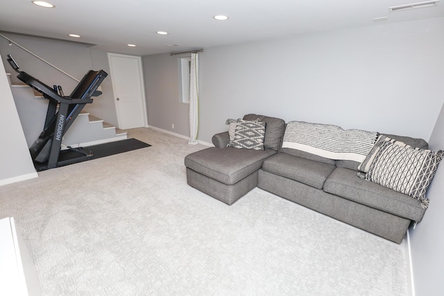 1423 Cedar St, Alexandria, MN 56308 - living room featuring stairway, carpet flooring, recessed lighting, and baseboards