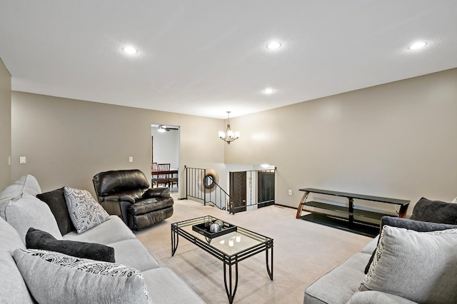 8474 Sunnyside Rd, Mounds View, MN 55112 - living area featuring light colored carpet, recessed lighting, and a chandelier