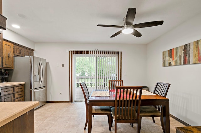 8474 Sunnyside Rd, Mounds View, MN 55112 - dining area featuring baseboards, a ceiling fan, light tile patterned floors, and recessed lighting