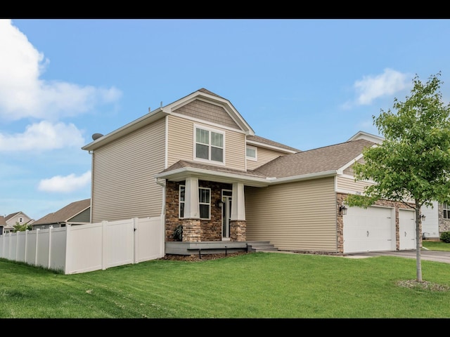 1750 Astoria Dr, Shakopee, MN 55379 - craftsman-style home with an attached garage, stone siding, a porch, concrete driveway, and a shingled roof