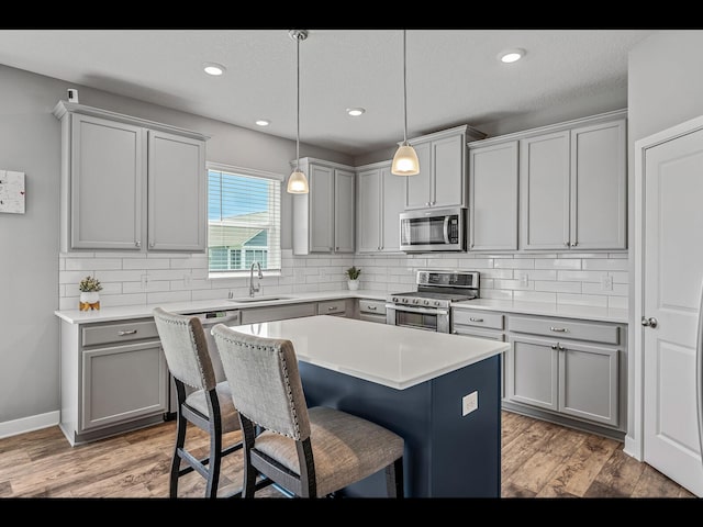 1750 Astoria Dr, Shakopee, MN 55379 - kitchen featuring stainless steel appliances, gray cabinetry, a sink, a kitchen bar, and light wood-style floors