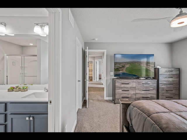1750 Astoria Dr, Shakopee, MN 55379 - bedroom featuring a sink, light carpet, baseboards, a ceiling fan, and a textured ceiling