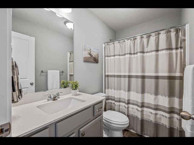 1750 Astoria Dr, Shakopee, MN 55379 - bathroom with vanity, toilet, a textured ceiling, and a shower with curtain