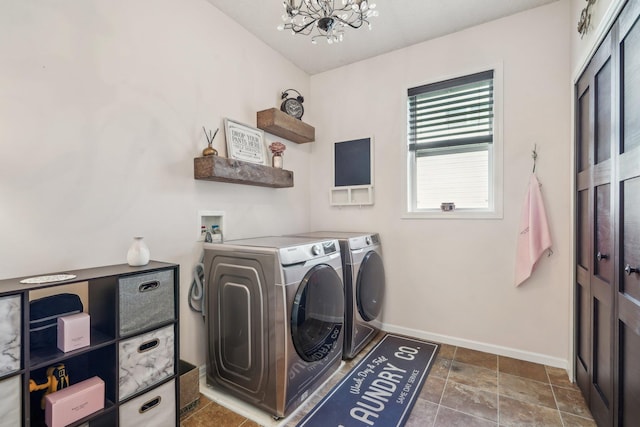 13543 Athena Way, Rosemount, MN 55068 - laundry room featuring independent washer and dryer, baseboards, and a chandelier