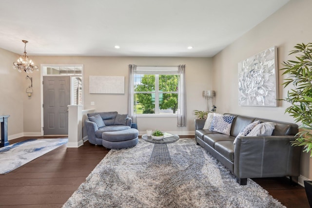 13543 Athena Way, Rosemount, MN 55068 - living area featuring dark wood-style flooring, a chandelier, baseboards, and recessed lighting