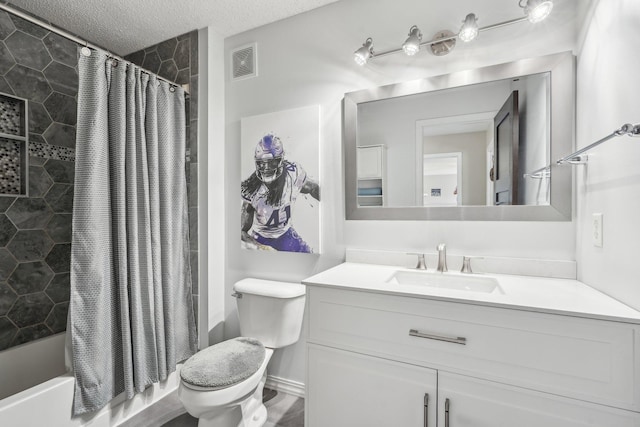13543 Athena Way, Rosemount, MN 55068 - bathroom featuring vanity, toilet, shower / bath combo, and a textured ceiling