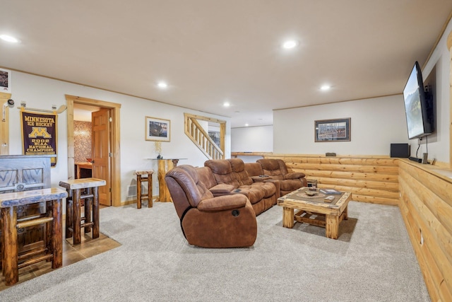 13543 Athena Way, Rosemount, MN 55068 - living area with carpet floors, recessed lighting, stairs, and rustic walls