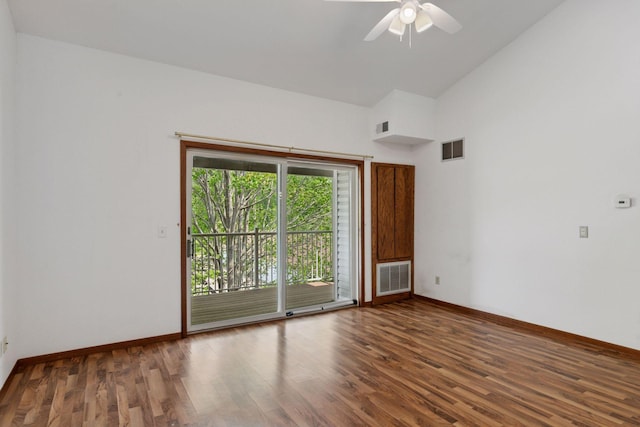 1225 Ferndale St N Unit B16, Maplewood, MN 55119 - unfurnished room featuring wood finished floors, baseboards, a ceiling fan, and high vaulted ceiling