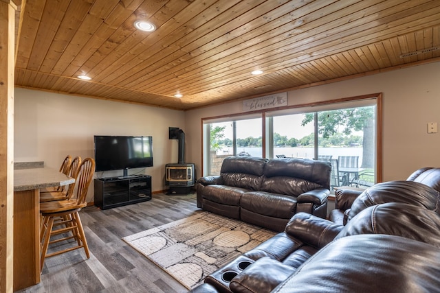 13914 Elmer Hanson Dr SE, Woodside Twp, MN 56736 - living area featuring a wood stove, recessed lighting, wooden ceiling, and wood finished floors