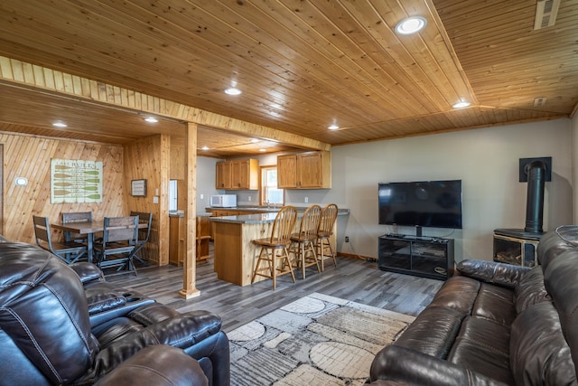 13914 Elmer Hanson Dr SE, Woodside Twp, MN 56736 - living room with wood finished floors, wooden ceiling, recessed lighting, wood walls, and a wood stove