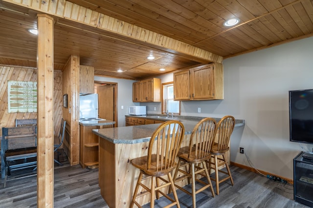 13914 Elmer Hanson Dr SE, Woodside Twp, MN 56736 - kitchen featuring white appliances, wood ceiling, dark wood finished floors, a peninsula, and recessed lighting