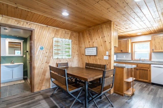 13914 Elmer Hanson Dr SE, Woodside Twp, MN 56736 - dining room with wooden ceiling, wooden walls, dark wood-style floors, and recessed lighting