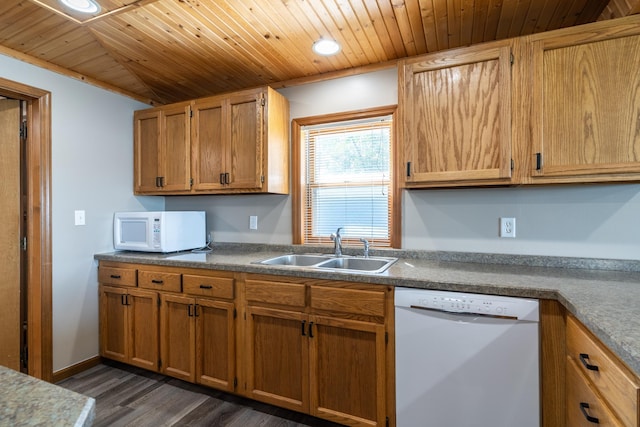 13914 Elmer Hanson Dr SE, Woodside Twp, MN 56736 - kitchen with white appliances, a sink, wooden ceiling, dark wood-style floors, and recessed lighting