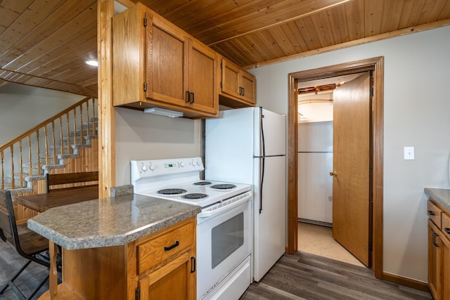 13914 Elmer Hanson Dr SE, Woodside Twp, MN 56736 - kitchen featuring white appliances, wooden ceiling, dark wood-style floors, and brown cabinets