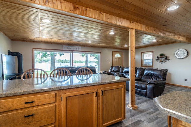 13914 Elmer Hanson Dr SE, Woodside Twp, MN 56736 - kitchen with open floor plan, a wood stove, wooden ceiling, dark wood-style flooring, and recessed lighting