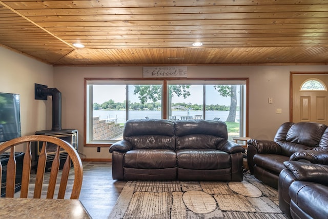 13914 Elmer Hanson Dr SE, Woodside Twp, MN 56736 - living room featuring wooden ceiling, wood finished floors, a wood stove, baseboards, and recessed lighting