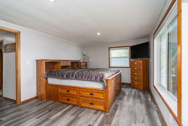 13914 Elmer Hanson Dr SE, Woodside Twp, MN 56736 - bedroom with wood finished floors, baseboards, recessed lighting, and ornamental molding