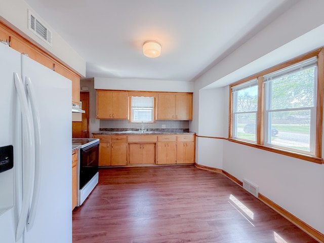 938 Selby Ave, Saint Paul Park, MN 55071 - kitchen with white appliances, light brown cabinets, a sink, wood finished floors, and under cabinet range hood