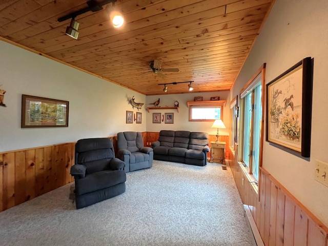 1715 Hansen Dr SW, Willmar, MN 56201 - living room featuring rail lighting, carpet floors, wood ceiling, wainscoting, and a ceiling fan