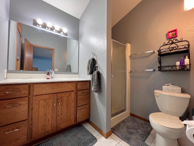 1715 Hansen Dr SW, Willmar, MN 56201 - bathroom featuring a shower stall, toilet, tile patterned flooring, vanity, and baseboards