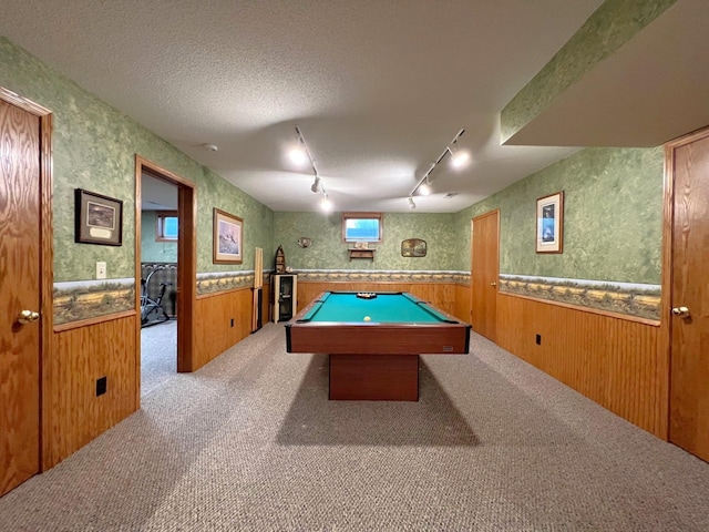 1715 Hansen Dr SW, Willmar, MN 56201 - recreation room with rail lighting, carpet floors, wainscoting, a textured ceiling, and billiards table