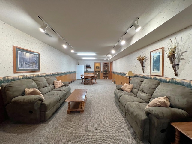 1715 Hansen Dr SW, Willmar, MN 56201 - living room with rail lighting, wallpapered walls, wainscoting, and carpet