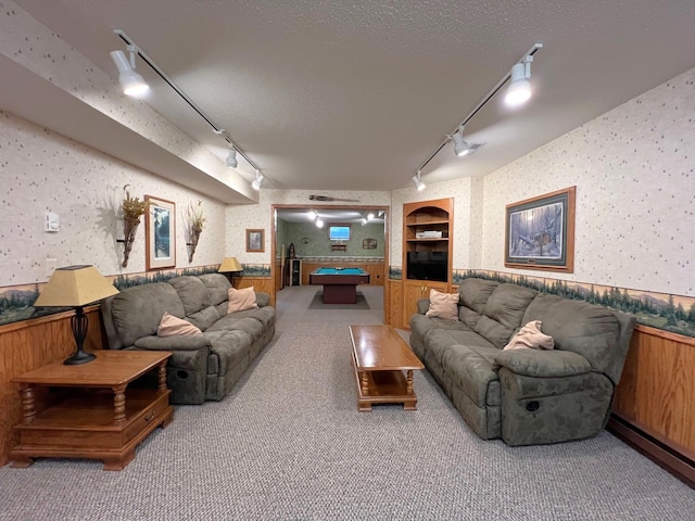 1715 Hansen Dr SW, Willmar, MN 56201 - living room featuring track lighting, wallpapered walls, carpet flooring, and pool table