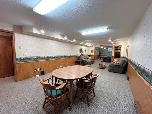 1715 Hansen Dr SW, Willmar, MN 56201 - dining area with track lighting, wallpapered walls, a wainscoted wall, a textured ceiling, and carpet floors