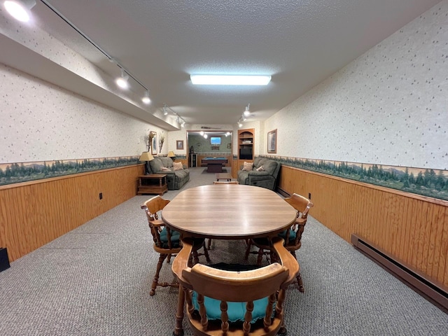 1715 Hansen Dr SW, Willmar, MN 56201 - dining area with wallpapered walls, wainscoting, rail lighting, a baseboard heating unit, and carpet