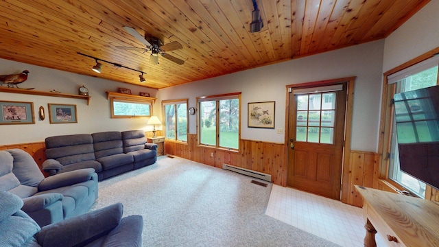 1715 Hansen Dr SW, Willmar, MN 56201 - carpeted living area with wainscoting, a baseboard heating unit, wood walls, track lighting, and healthy amount of natural light