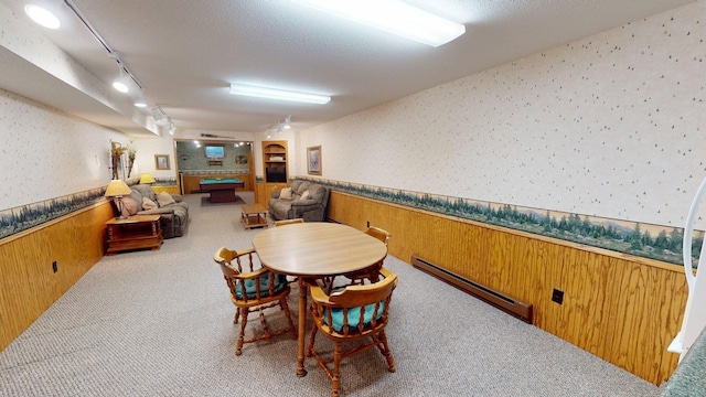 1715 Hansen Dr SW, Willmar, MN 56201 - carpeted dining room featuring wallpapered walls, a baseboard heating unit, wainscoting, rail lighting, and wooden walls