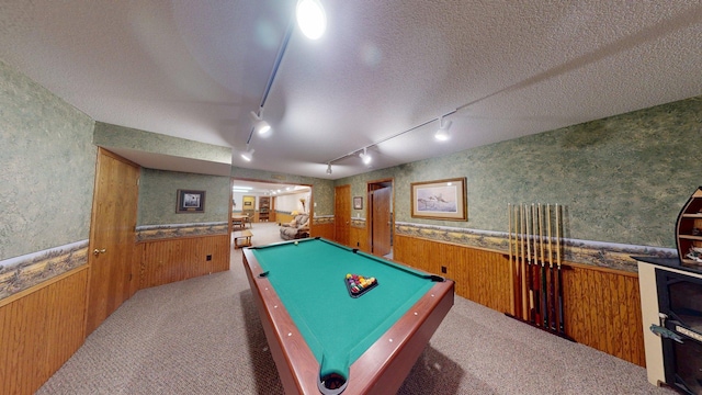 1715 Hansen Dr SW, Willmar, MN 56201 - game room with wainscoting, carpet, wooden walls, pool table, and rail lighting
